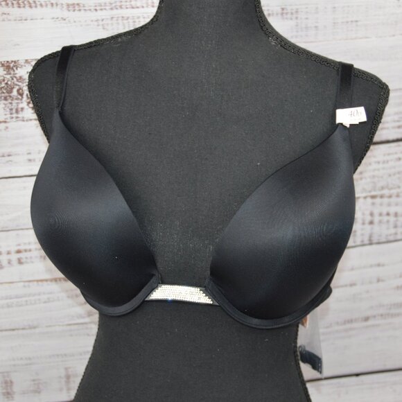 Victorias Secret Plunge Bra 40D 40 D Push Up Bling Shine Strap Black Sexy NWT - Picture 1 of 16